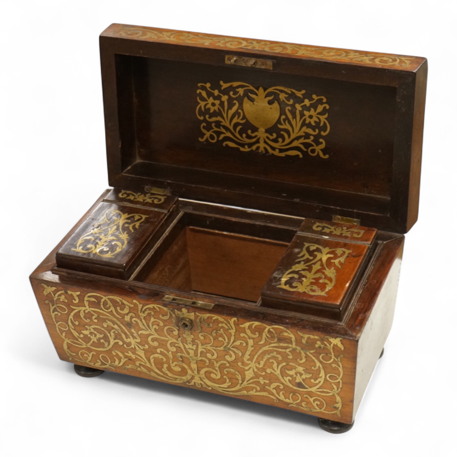 A William IV rosewood and cut brass inlaid tea caddy, 32cm wide